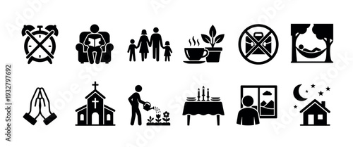 Set of black silhouette glyph icons representing rest, family, religion, and leisure activities like reading, gardening, and prayer, isolated on a white background