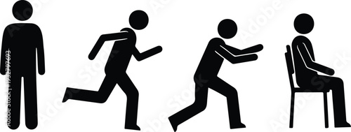 Stick figures demonstrating a progression from standing to sittin