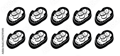 Black and white hand-drawn sandwich pattern with sausage slices on toast, a simple doodle style food illustration arranged in two rows isolated on a white background