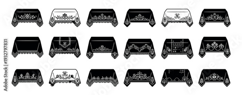 Set of decorative tablecloths with various patterns, featuring floral, folk, and ornamental embroidery designs in a black and white graphic silhouette style, isolated on white