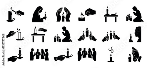 Collection of black silhouette icons depicting prayer, remembrance, and mourning with people lighting and holding candles for a vigil or religious ceremony, isolated on white