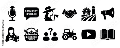 Set of black solid glyph icons representing community farming and local media topics like podcasting, interviews, and video content, isolated on a white background