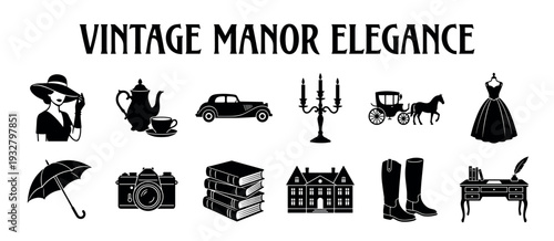 Collection of black vintage manor lifestyle icons featuring a retro car, mansion, dress, and carriage, representing an aristocratic aesthetic, isolated on a white background