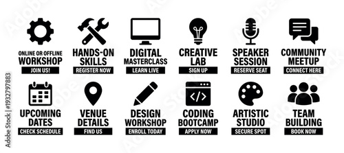 Set of black workshop and event icons for educational and community activities like masterclass, bootcamp, and meetups, presented in a clean minimalist vector style isolated on white