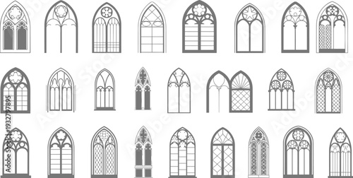 Collection of gothic arched windows, medieval church architecture vector set, decorative cathedral window frames isolated on light background illustration