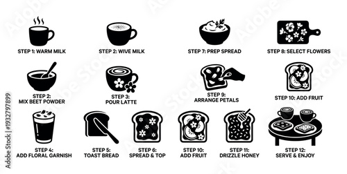 Black glyph icons set showing a step-by-step recipe for making a floral latte and decorated toast, a visual cooking instruction guide isolated on a white background