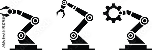 Industrial robotic arm set with claw gripper and gear, black silhouette automation icons isolated on white background, modern factory technology vector illustration