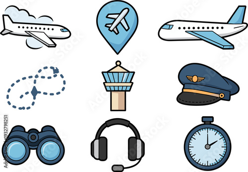Airport and aviation icon collection, airplane pilot tower navigation headset binoculars stopwatch travel vector illustration set
