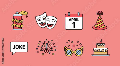 Collection of Cartoon April Fools Day Icons.