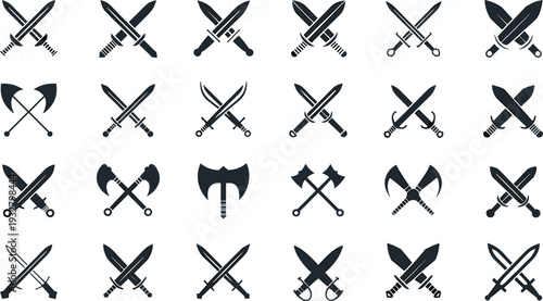 Medieval crossed swords and battle axes icon set vector illustration, black weapon silhouettes collection isolated combat symbols