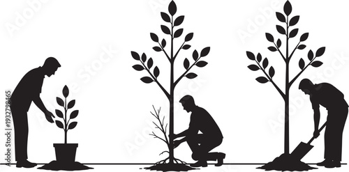 People planting and caring trees silhouettes, environmental conservation and gardening vector illustration isolated on white background