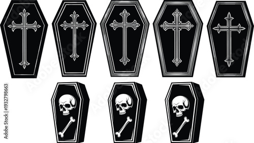 Set of Coffin Silhouettes with Gothic Crosses and Skulls with Crossbones, Spooky Halloween Casket Icons for Horror Design and Funeral Graphics
