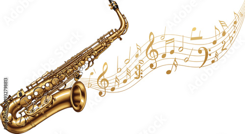 Golden Saxophone Musical Instrument with Flowing Gold Music Notes and Clef Symbols, Elegant Jazz Wind Instrument Vector Illustration for Concert Posters