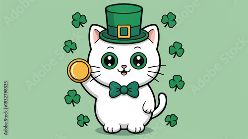 A cute cartoon illustration of a white cat wearing a green top hat with a gold buckle and a dark green bow tie (2)_traced
