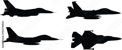 Military fighter jet silhouette set vector illustration, modern combat aircraft isolated black air force defense collection