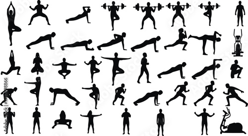 Fitness silhouettes set including yoga poses, weightlifting, running, stretching, planking, and cardio exercises, perfect for gym icons, workout infographics, and health wellness designs.