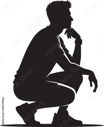 Thoughtful man squatting silhouette vector, casual male pose isolated black illustration design