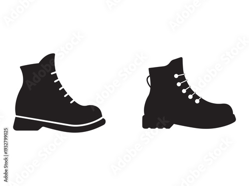 Side view of a pair of black boot silhouettes with white laces and sole details on plain white background