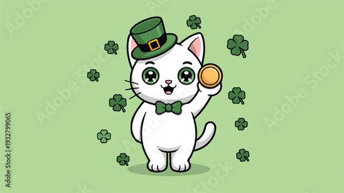 A cute cartoon illustration of a white cat wearing a green top hat with a gold buckle and a dark green bow tie (4)_traced