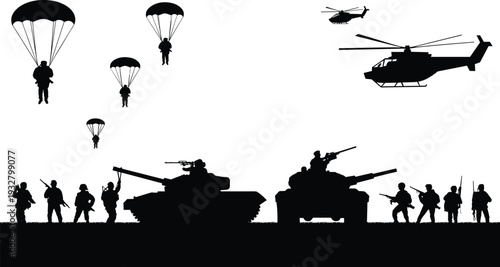 Military operation silhouette with paratroopers tanks helicopters and soldiers vector illustration, army combat defense scene isolated black