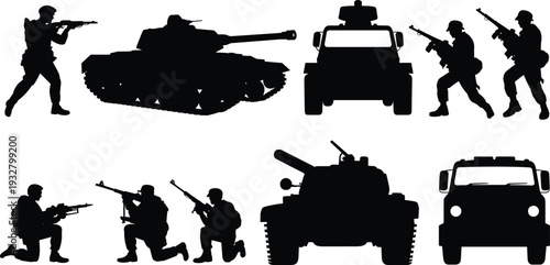 Military soldiers and armored vehicles silhouette set vector illustration, army tank transport infantry isolated black defense collection