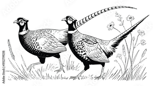 A detailed black and white line drawing of two male ring-necked pheasants in a natural grassland setting (1)_traced