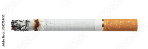 Burnt cigarette with ash and filter tobacco isolated on a transparent background