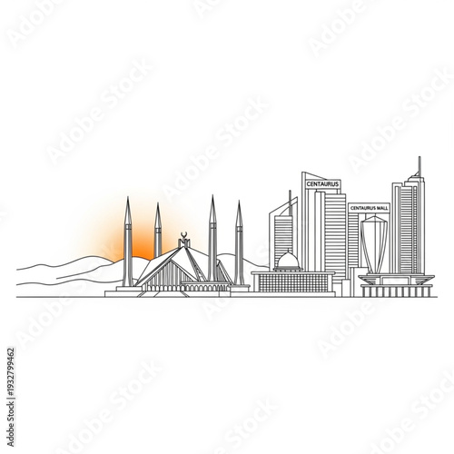 A minimalist line art illustration of the Islamabad city skyline featuring the Faisal Mosque and modern skyscrapers at sunset