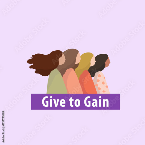 Diverse women solidarity illustration, Women empowerment illustration with Give to Gain message — social equality concept