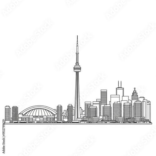 A black and white line art illustration of the Toronto city skyline featuring the CN Tower