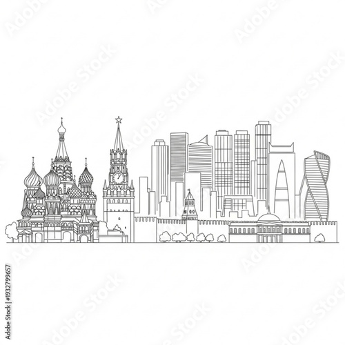 A black and white line drawing of a Moscow city skyline with modern and historic buildings