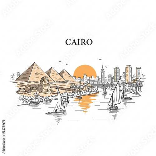 A vector graphic illustration of Cairo, Egypt, featuring the Pyramids of Giza, the Sphinx, and sailboats on the Nile River with a city skyline in the background at sunset