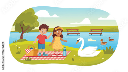 A flat, cartoon-style illustration of a lakeside picnic scene (1)_traced