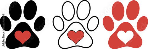 Paw print heart icon set, dog and pet love symbol in black outline and red vector illustration