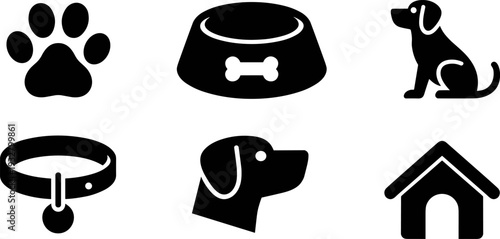 Dog care solid icon set, paw bowl collar house and puppy silhouette vector illustration collection