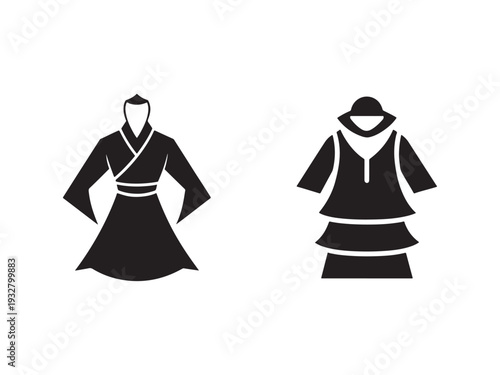 Silhouette of two women wearing kimono and sundress with hat on white background  traditional and casual fashion styles