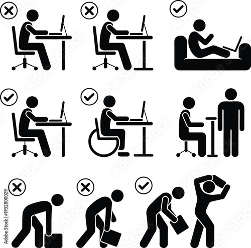 Illustrations of appropriate and inappropriate postures for working and exercising
