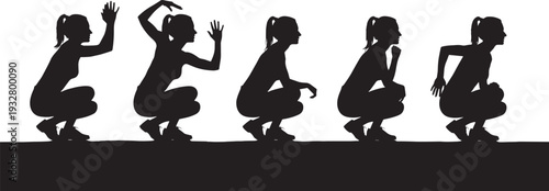 Woman squatting poses silhouette set, fitness exercise and body movement vector illustration isolated