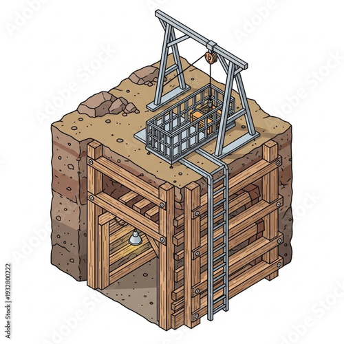 Illustration of an underground mine shaft with wooden supports and metal equipment.