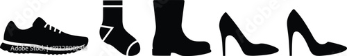 Black silhouette sneaker, sock, boot and high heel shoe icon set isolated on white background, footwear fashion vector illustration collection.