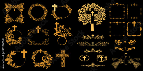Cross icons set. Obituary notice - art deco frames with cross. Collection of gold Christian Symbol design elements isolated on black background. Church and pray, religion and resurrection. Vector