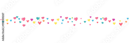 Valentines Day wave banner. Watercolor hand drawn heart. Women Day. Bright confetti falling on white background. Celebration bg. 8 March card. Wedding invitation border. Vector illustration