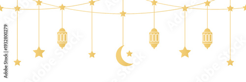 Ramadan Kareem line hanging baubles. Arabic traditional eastern lanterns garland. Muslim ornament. Eid Mubarak banner. Holiday Night. Golden crescent, star. Islam decoration. Vector illustration