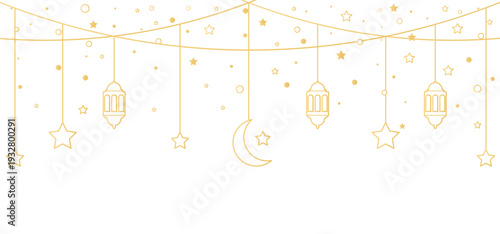 Ramadan Kareem line hanging baubles. Arabic traditional eastern lanterns garland. Muslim ornament. Eid Mubarak banner. Holiday Night. Golden crescent, star. Islam decoration. Vector illustration