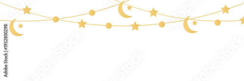 Ramadan Kareem hanging garland. Arabic traditional eastern lanterns line baubles. Muslim ornament. Eid Mubarak banner. Holiday Night. Golden crescent, star. Islam decoration. Vector illustration