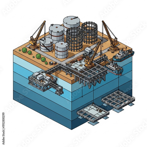 Offshore Oil Rig Platform with Storage Tanks and Cranes.