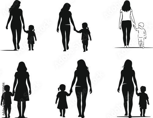 Set of black silhouettes featuring a mother and child walking together while holding hands, isolated on a white background, vector illustration, family.