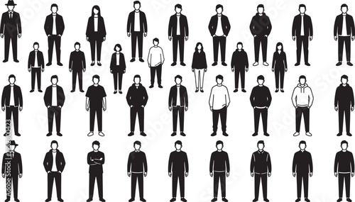Large collection of male character silhouettes in different outfits, standing men vector illustration set