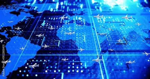 International Flight Traffic Over Futuristic Digital Earth Map. Technology And Travel Related 4K 3D Animation.