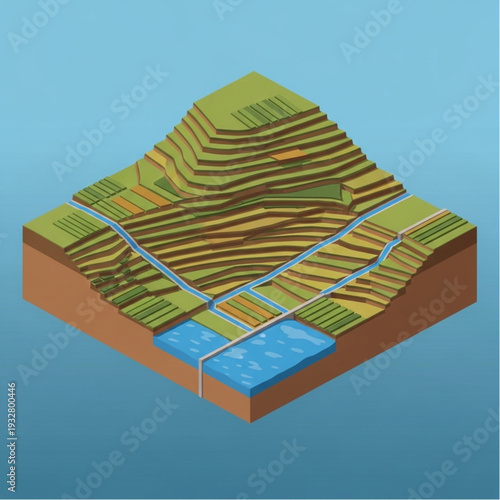 3D illustration of a geological formation with layered terrain and water features.